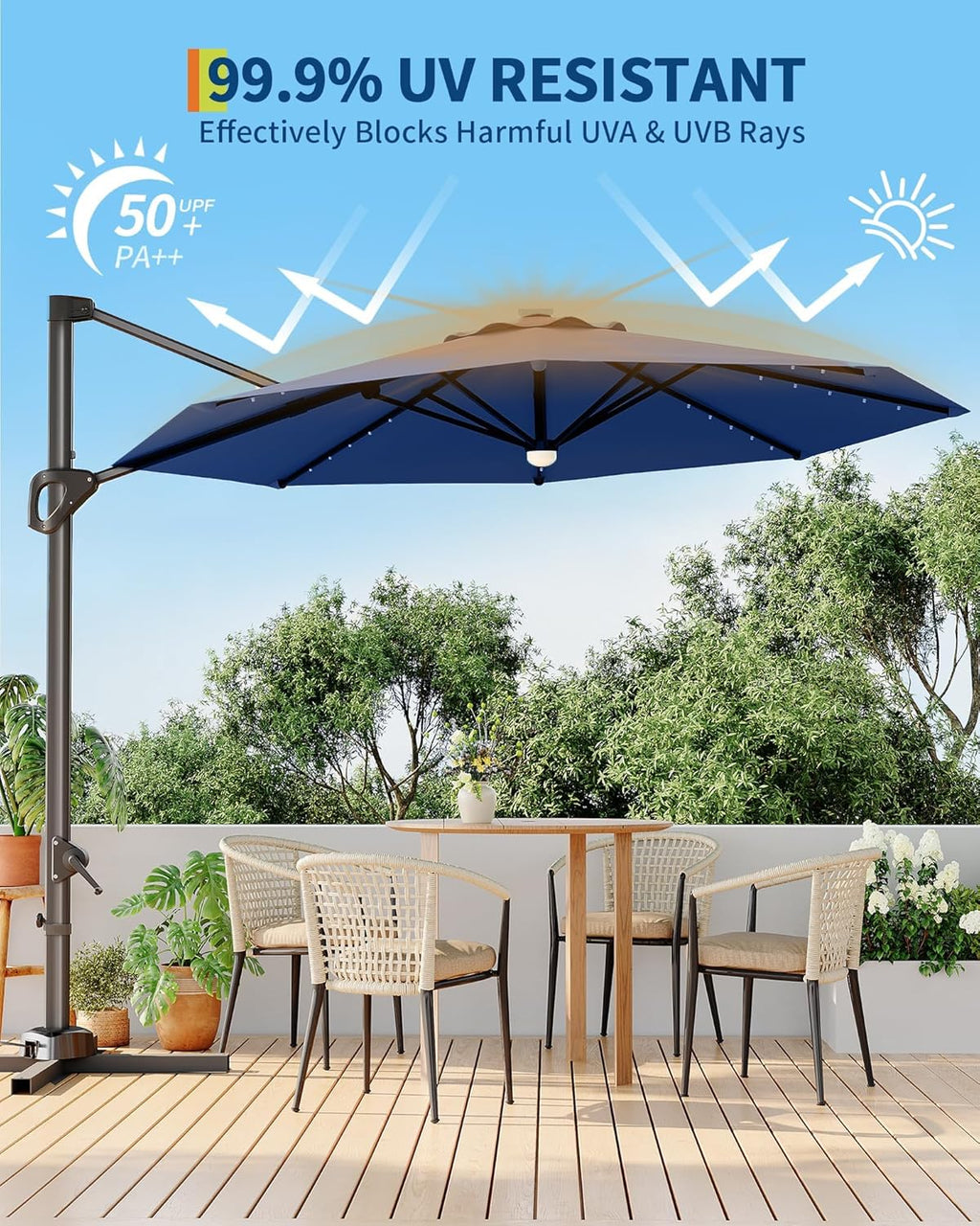 GarveeLife 10FT Patio Umbrella Outdoor Solar LED Large Cantilever Umbrella Market Sun Shade Windproof Offset Umbrella with 360-Degree Rotation for Garden Deck Pool Patio