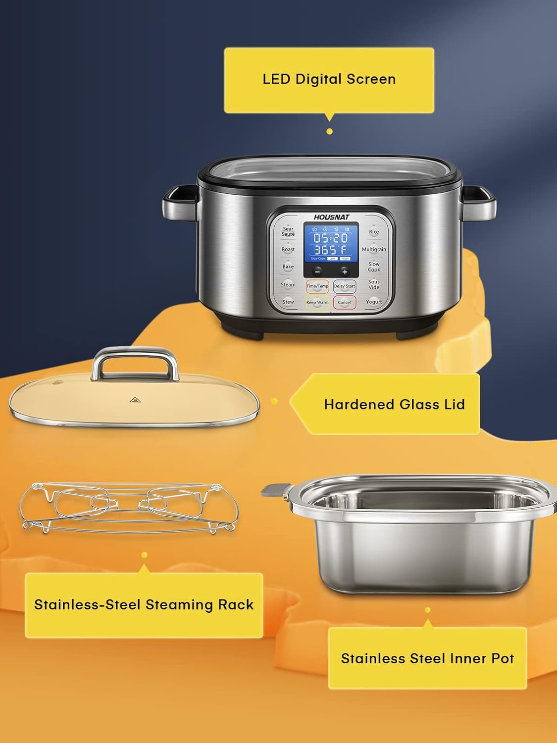 HOUSNAT Slow Cooker, 10 in 1 Programmable Slow Cooker 6QT 304 Stainless Steel Inner Pot, Multi-Cooker with Rice, Yogurt, Sauté, Steam, Delay Start & Adjustable Temp – for Large Families & Entertaining