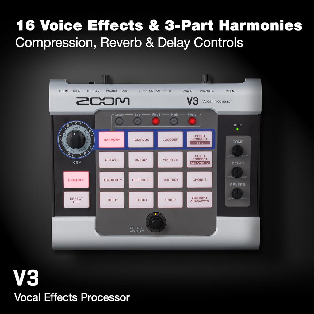 Zoom V3 Vocal Processor for Streaming & Live Performance with Harmony, Pitch Correction, Reverb & Delay, 16 Studio Effects, Battery Powered