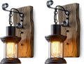Rustic Industrial Wall Sconces, Black Metal Lantern with Wood Backplate, Farmhouse Indoor Light Fixture for Dining Room, Hallway, Porch