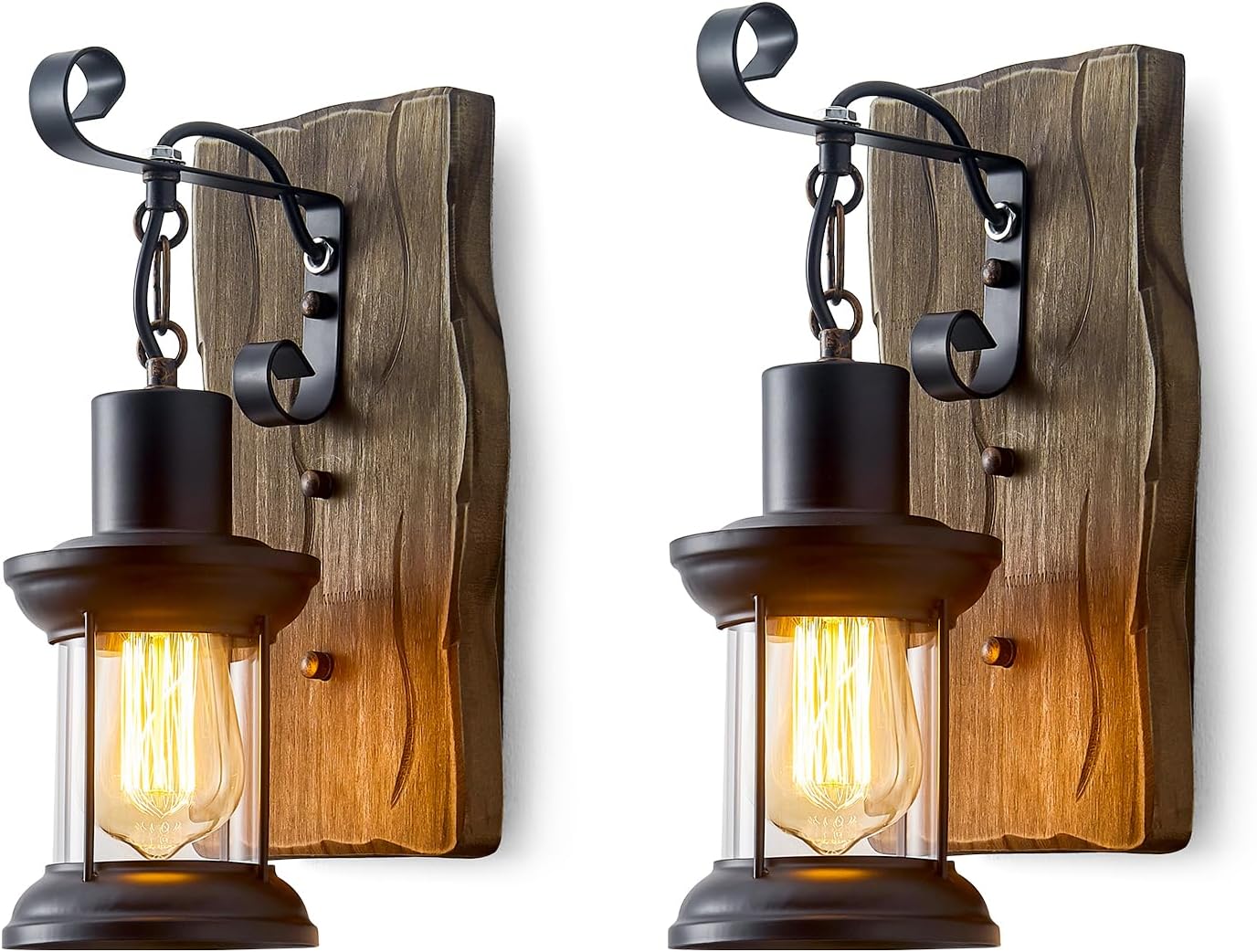 Rustic Industrial Wall Sconces, Black Metal Lantern with Wood Backplate, Farmhouse Indoor Light Fixture for Dining Room, Hallway, Porch