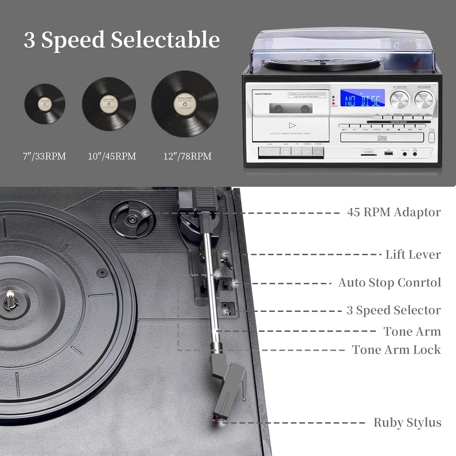 MUSITREND 10 in 1 Record Player with External Speakers, 3 SpeedTurntable with AM/FM Radio, CD & Cassette Player, Bluetooth, USB/SD Playback, Remote Control, Black