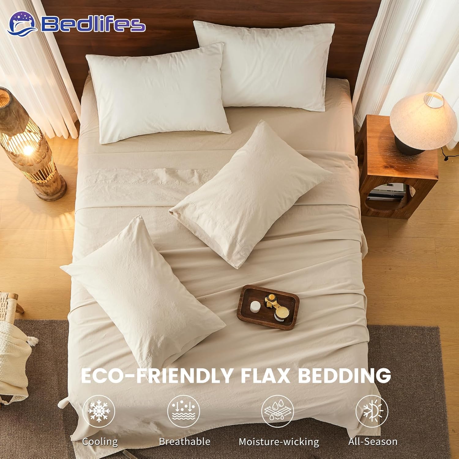 Bedlifes 100% French Pure Linen Sheets Queen Size Breathable and Cooling Flax Sheet Set Soft Durable and Moisture Wicking 16 Inch Deep Pocket-4 Piece(Queen,Linen)