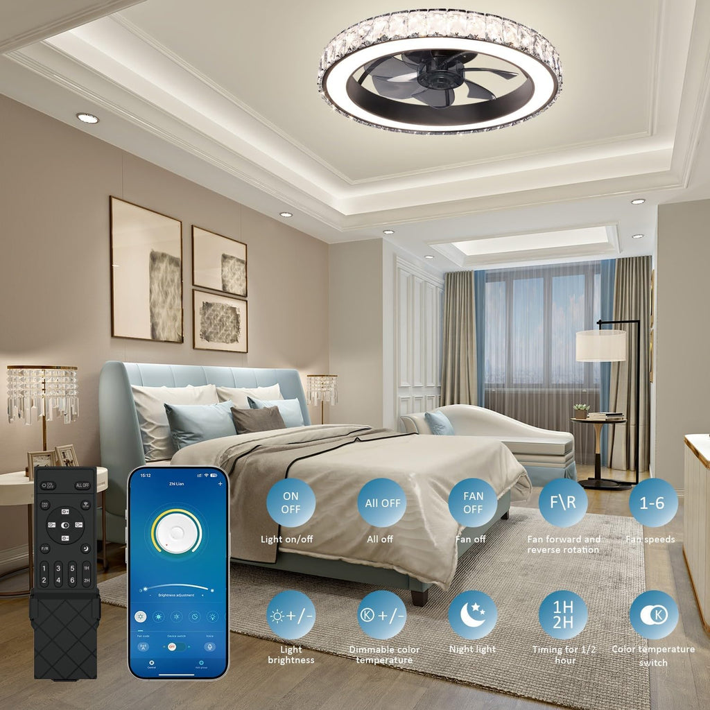 Aipsun Low Profile Modern Crystal Chandelier Ceiling Fans with Lights and Remote, 3000K-6500K Smart Bladeless LED Fan, 18" Black Modern Ceiling Fans with Lights for Bedroom