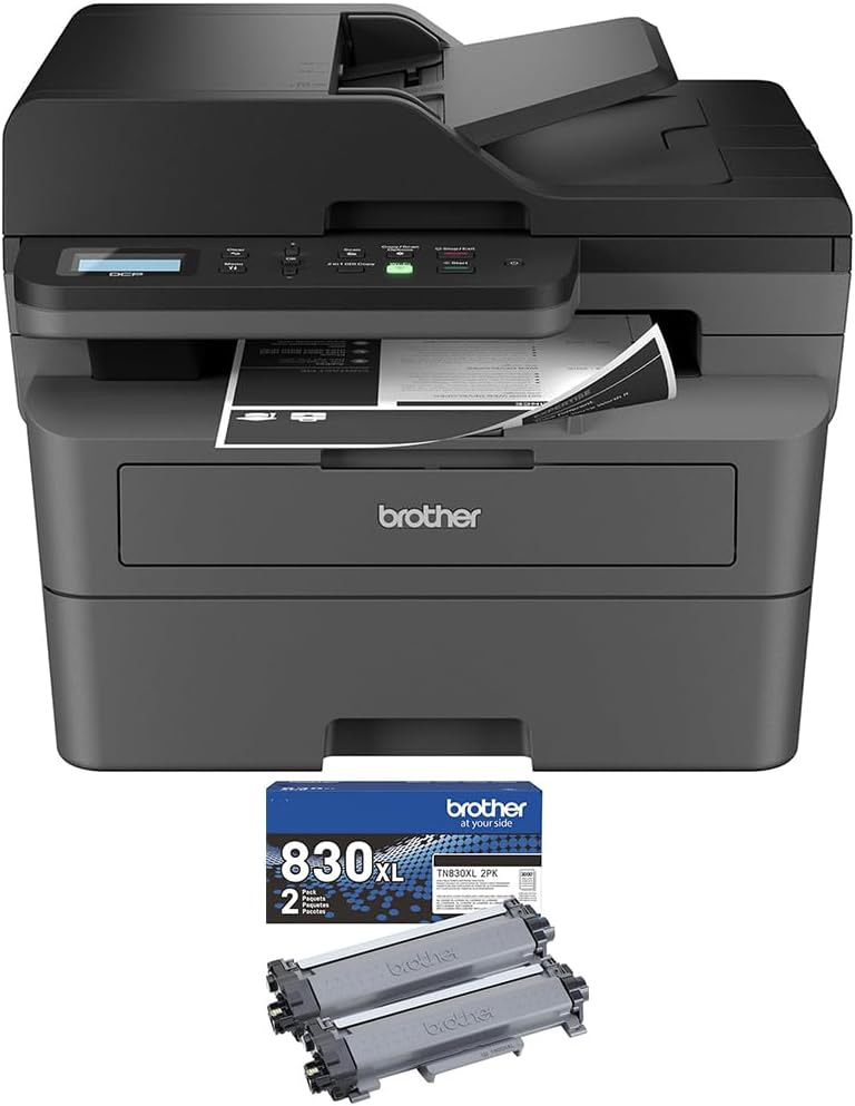 Brother DCPL2640DW Wireless Compact Monochrome Multi-Function Laser Printer Bundle High-Yield Toner, Black Twin Pack (3,000 Pages/Cartridge)