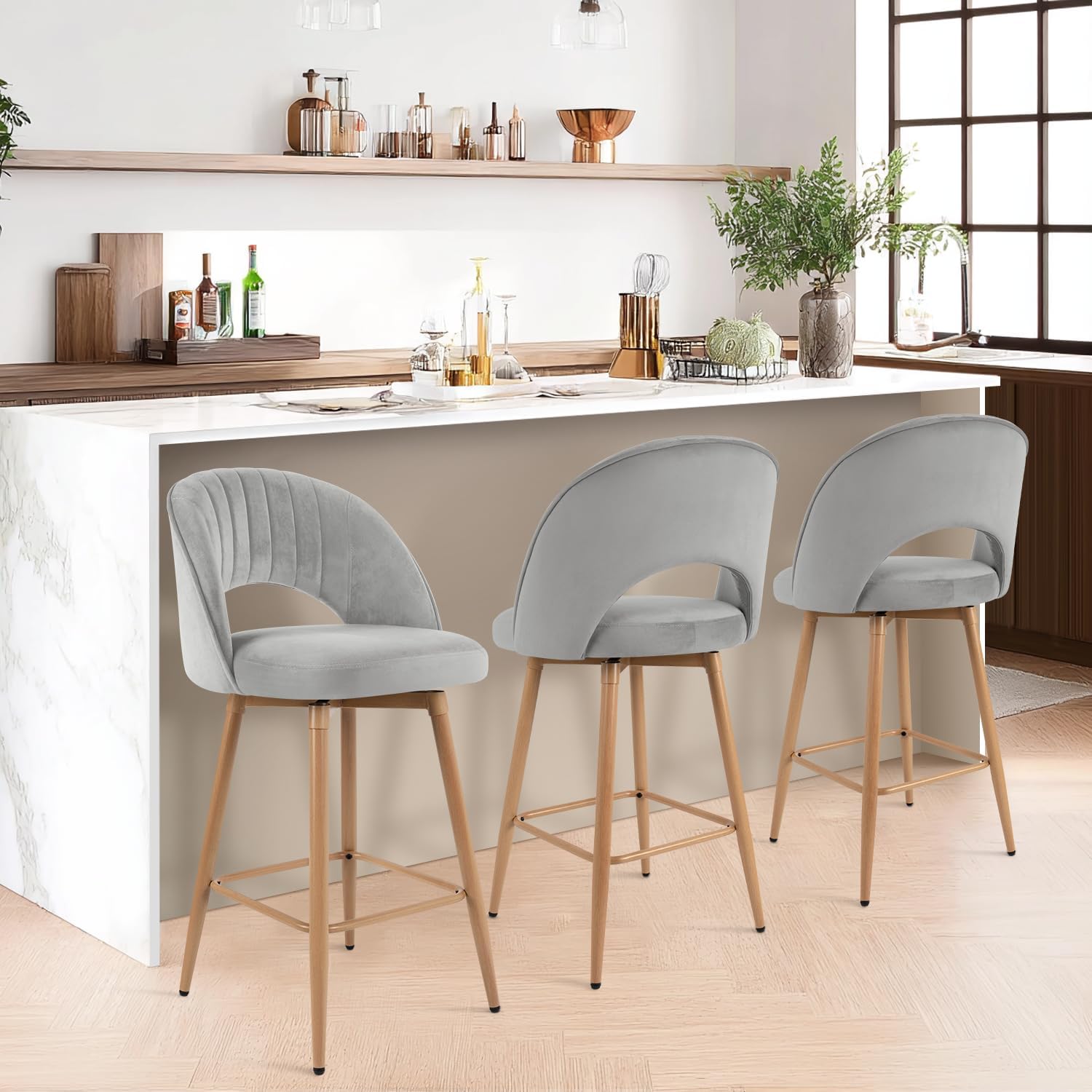 Swivel Bar Stools Set of 3, Counter Height Barstools for Kitchen Island, 26" Seat Height Bar Chairs for Dining Room, Velvet Upholstered Bar Stool with Back and Footrest, Gray