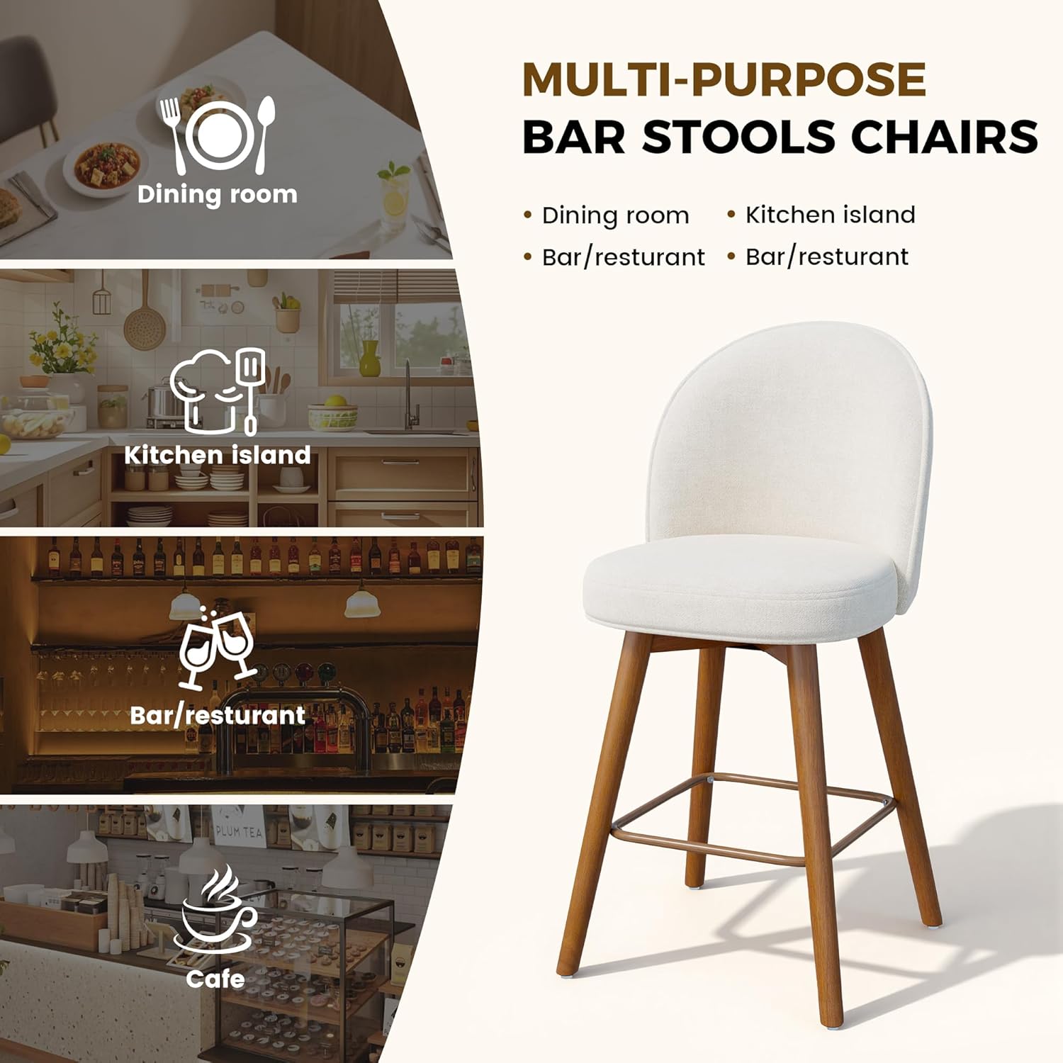 Modern Swivel Bar Stools Set of 3, Chic Upholstered Counter Height（26IN） Bar Chair with Back, Solid Wood Legs and Footrest, Comfortable Chenille Bar Stool for Kitchen Island, Cream Beige