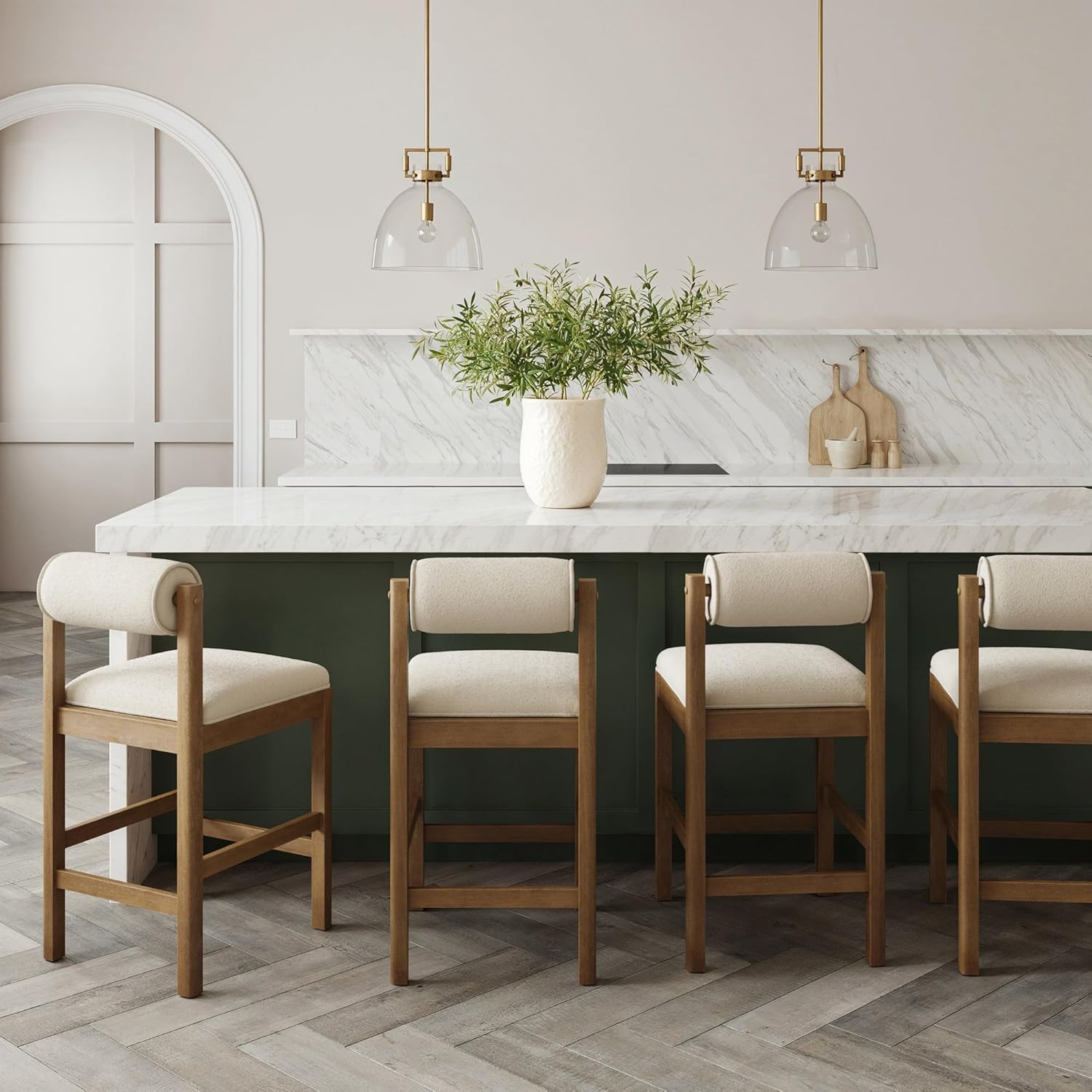 Nathan James Kimberly Modern Counter Stool with Solid Wood Legs, Boucle Upholstered Counter Height Stool with Bolster Back, Cream Boucle/Light Brown Set of 4