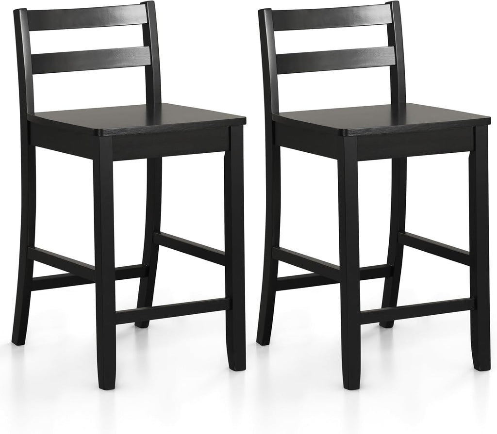 COSTWAY Wooden Bar Stools Set of 2, 24-Inch Counter Height Stools with Ergonomic Backrest & Footrest, Farmhouse High Dining Chairs for Kitchen Island, Pub, Cafe (2, Black)