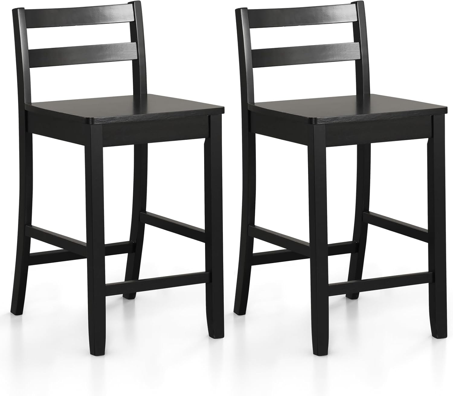 COSTWAY Wooden Bar Stools Set of 2, 24-Inch Counter Height Stools with Ergonomic Backrest & Footrest, Farmhouse High Dining Chairs for Kitchen Island, Pub, Cafe (2, Black)