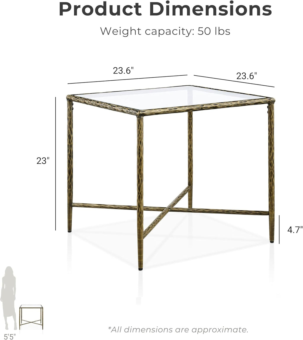 24/7 Shop at Home Lalia Modern Square End Table with X-Brace Metal Base, Tempered Glass Top, Hammered Steel Frame for Living Room, Matte Gold