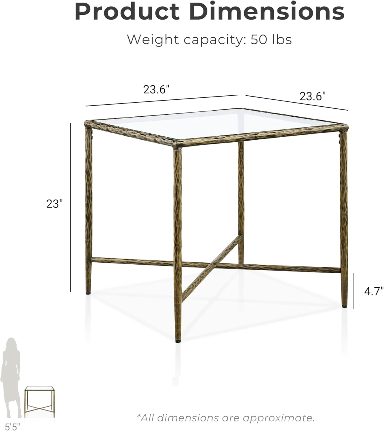 24/7 Shop at Home Lalia Modern Square End Table with X-Brace Metal Base, Tempered Glass Top, Hammered Steel Frame for Living Room, Matte Gold