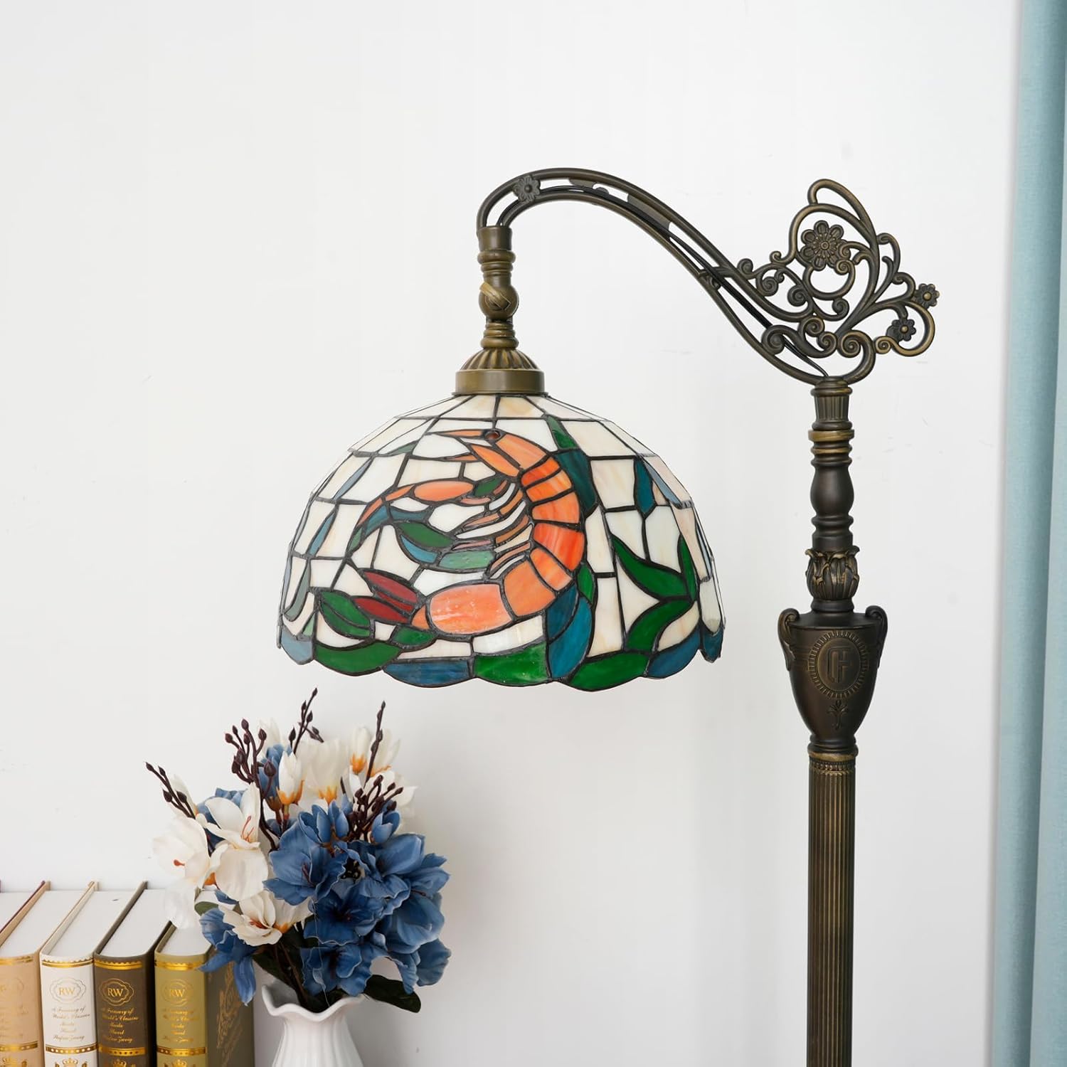 Tiffany Floor Lamp 12 Inch Stained Glass Orange Shrimp Tiffany Style Reading Lamp Retro Home Decoraton Comfortable and Atmosphere Suitable Living Room Bedroom Coffee Shop Restaurant Study