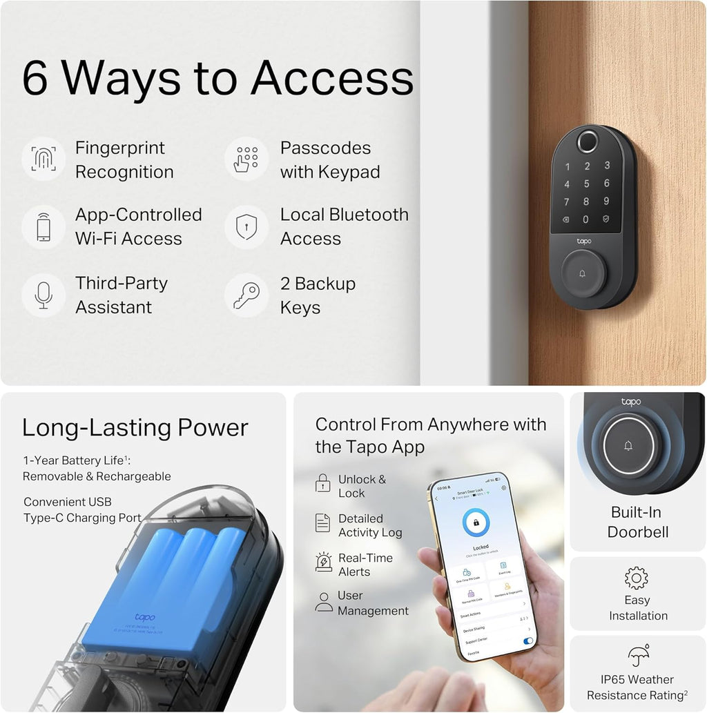 Tapo Smart Wi-Fi Door Lock, Deadbolt | Keyless Entry, Fingerprint Recognition, Touchscreen Keypad & in-App Monitoring with Scheduled Access|1-Year Rechargeable Battery | BHMA Grade 2 | DL110