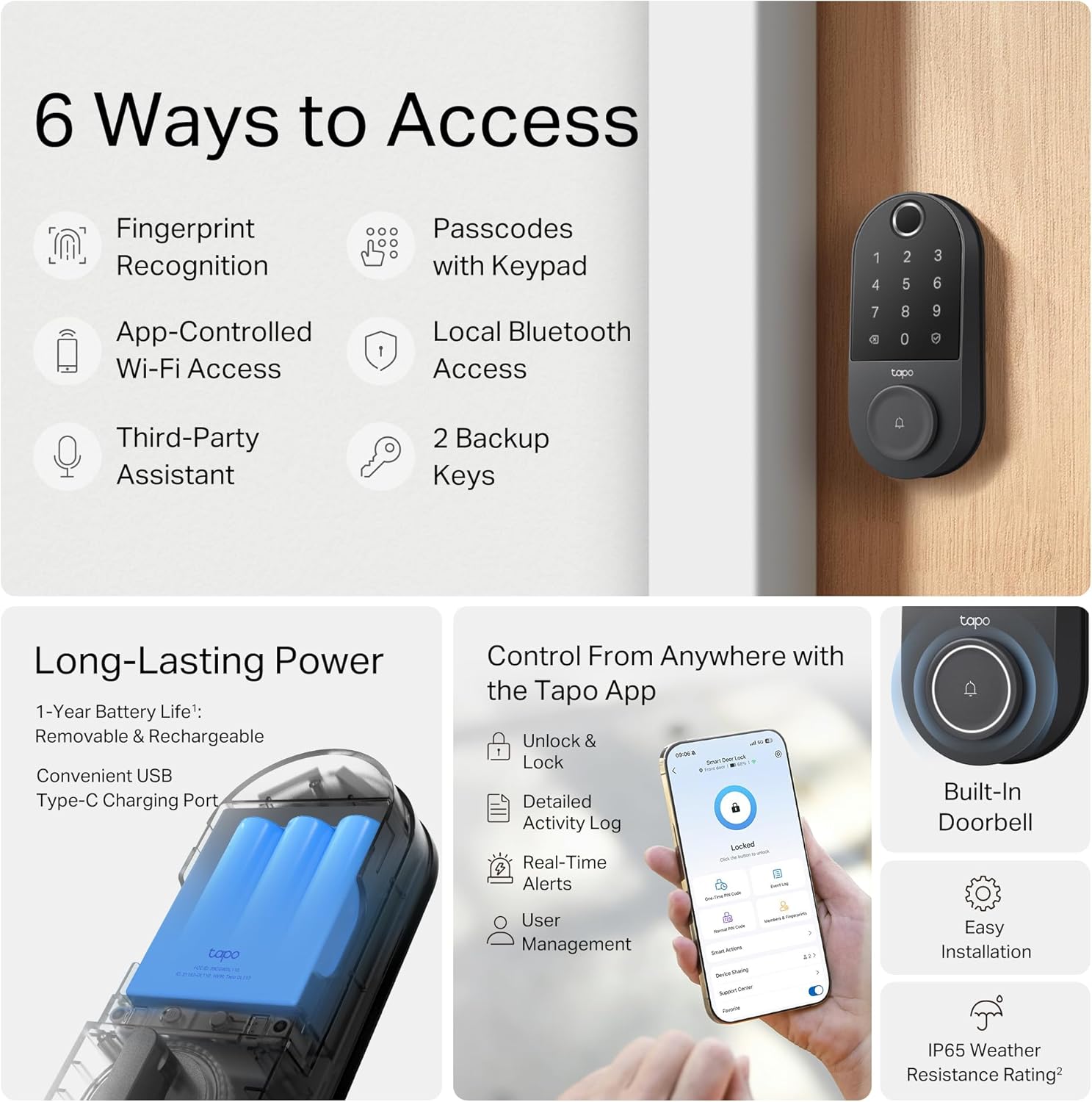 Tapo Smart Wi-Fi Door Lock, Deadbolt | Keyless Entry, Fingerprint Recognition, Touchscreen Keypad & in-App Monitoring with Scheduled Access|1-Year Rechargeable Battery | BHMA Grade 2 | DL110