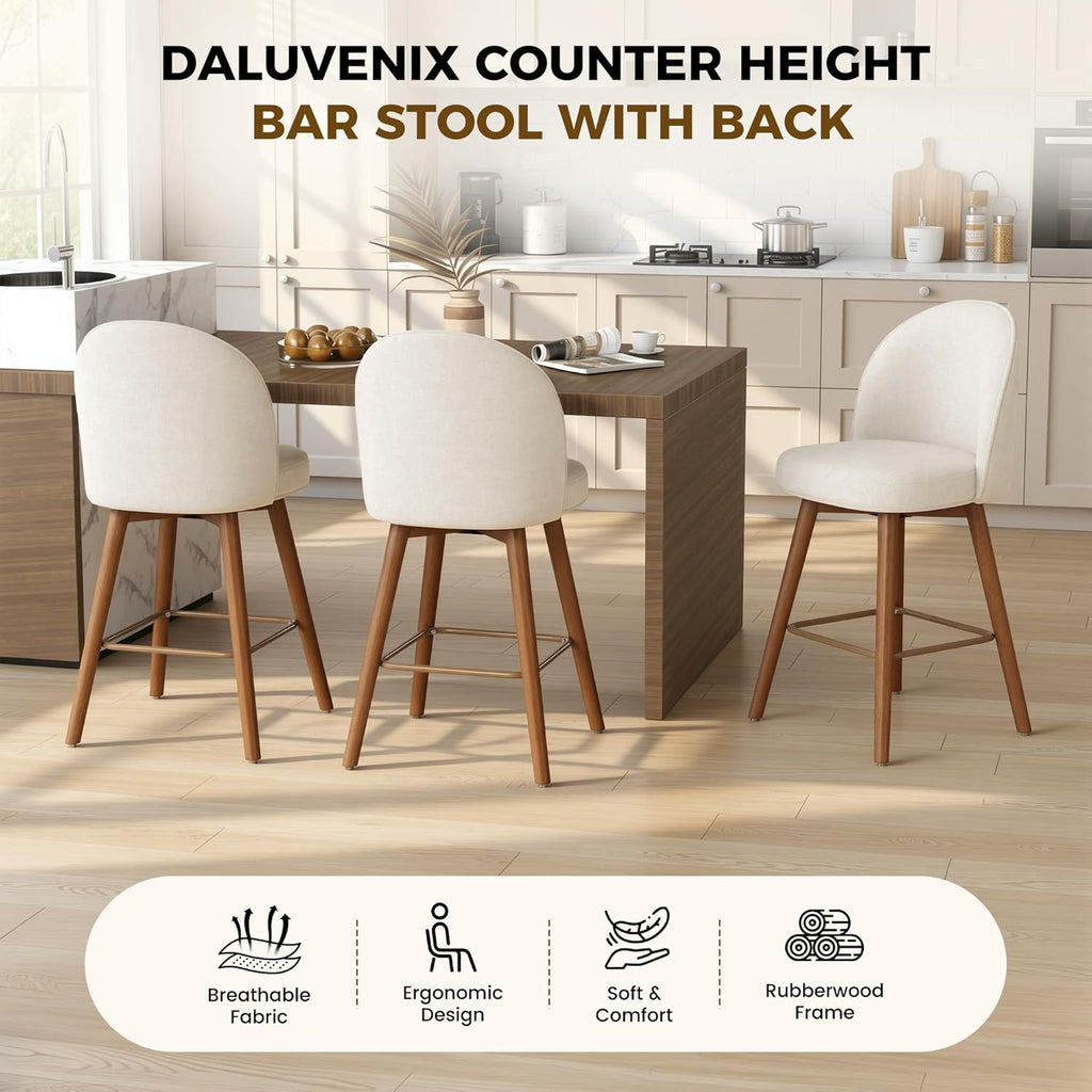 Modern Swivel Bar Stools Set of 3, Chic Upholstered Counter Height（26IN） Bar Chair with Back, Solid Wood Legs and Footrest, Comfortable Chenille Bar Stool for Kitchen Island, Cream Beige