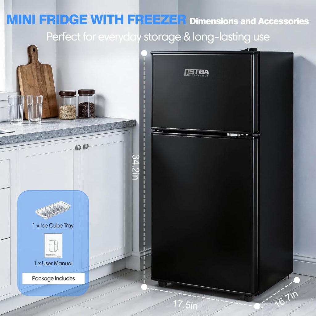 OSTBA Mini Fridge with Freezer - 3.2 Cu.ft 2-Door Upright Freezer, Compact Refrigerator with 2 Removable Shelves 7 Level Adjustable Thermostat, Removable Shelves for Bedroom Office Apartment, Black