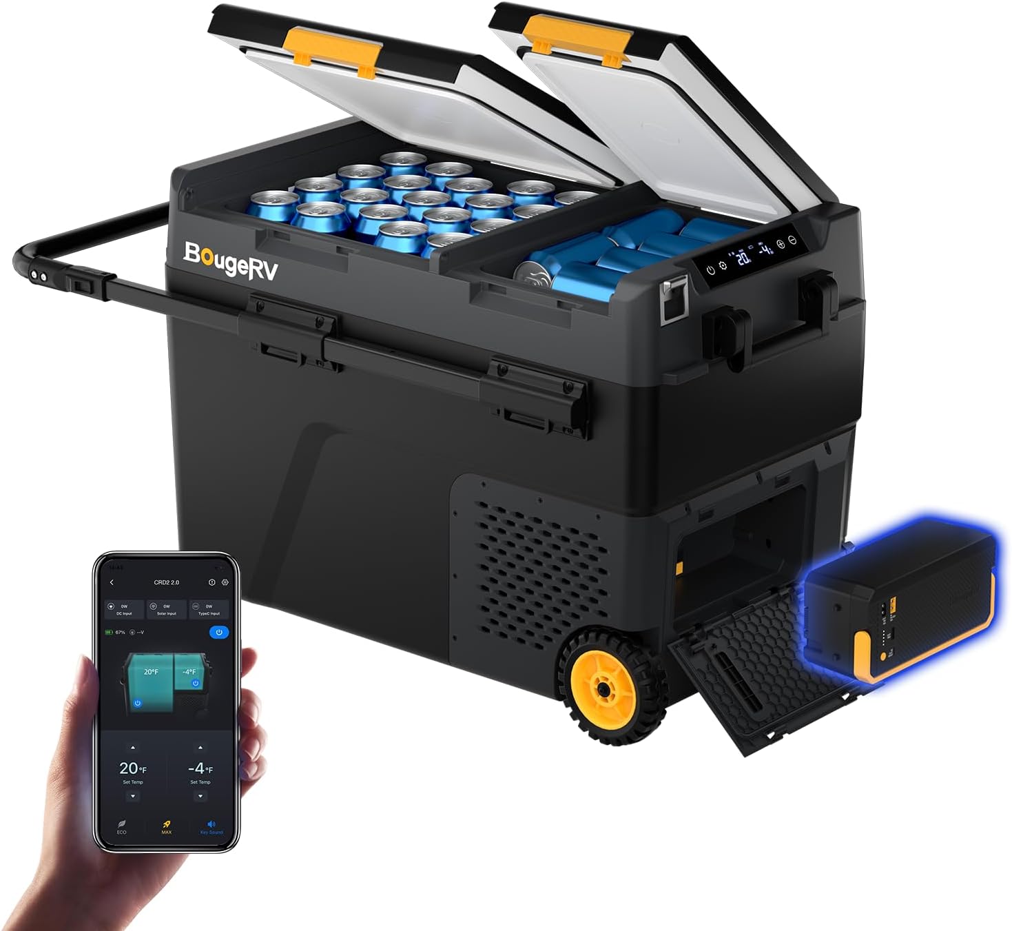 BougeRV CRD2 V2.0 52 Quart Portable Fridge Freezer with 240Wh Battery, 12 Volt Car Refrigerator, -4℉~68℉ Dual Zone Compressor Electric Cooler for Overlanding, Camping, RV, Truck(2026 New Model)