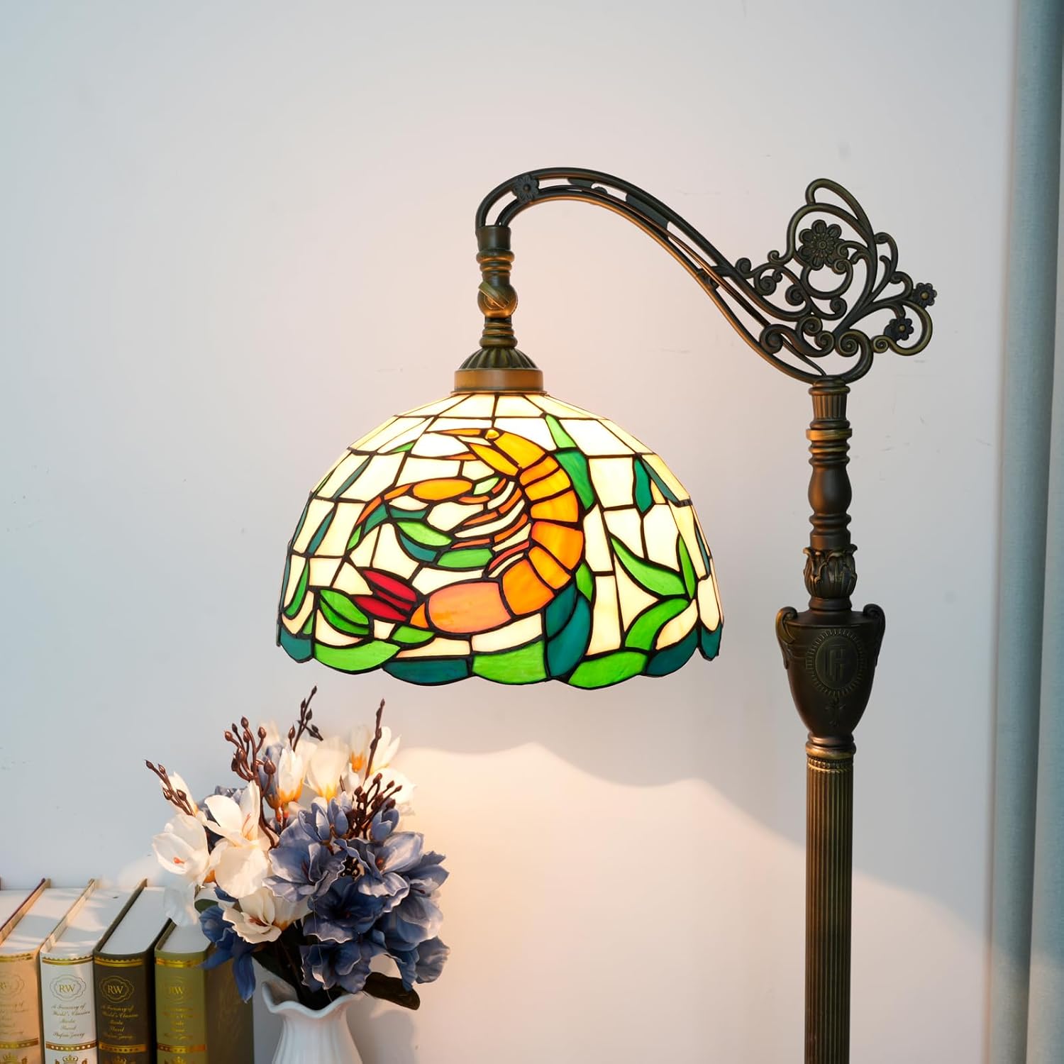Tiffany Floor Lamp 12 Inch Stained Glass Orange Shrimp Tiffany Style Reading Lamp Retro Home Decoraton Comfortable and Atmosphere Suitable Living Room Bedroom Coffee Shop Restaurant Study