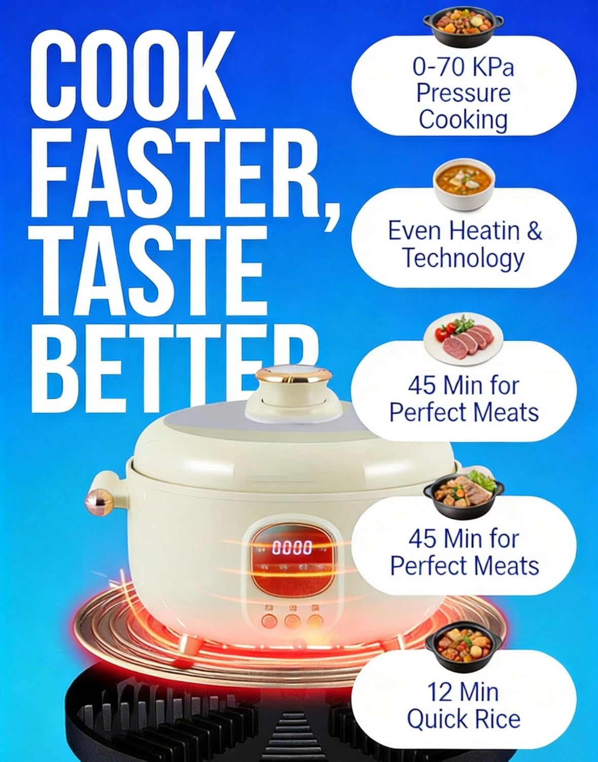 4.2Qt Electric Pressure Cooker & Smart Multi-Cooker, 10-in-1 Innovative 3-Compartment Rice Cooker, 1000W Hot Pot with 24H Timer, 70KPa Fast Cooking, Non-Stick Inner Pots, Heat Preservation, 110V, White