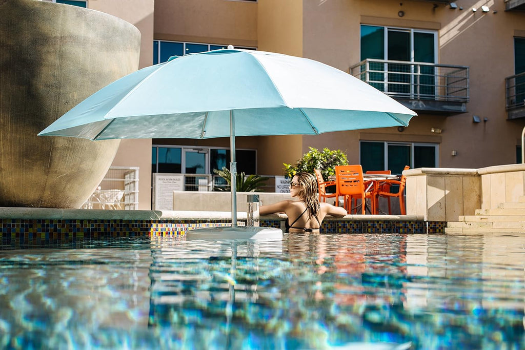 Pool Buoy Floating Pool Umbrella – 5'-7" Premium UV Shade Umbrella with Weighted Base & 5 Cup Holders – Luxury Portable Sun Protection for Pools, Lakes & Hot Tubs – No-Tool Setup