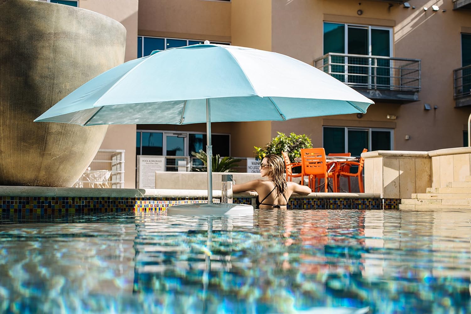 Pool Buoy Floating Pool Umbrella – 5'-7" Premium UV Shade Umbrella with Weighted Base & 5 Cup Holders – Luxury Portable Sun Protection for Pools, Lakes & Hot Tubs – No-Tool Setup