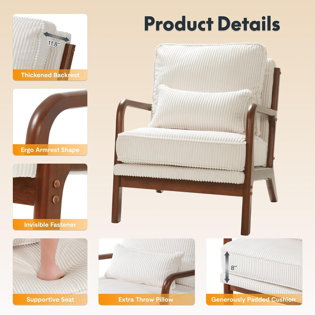 LEXISPOT AC1 Accent Chairs Set of 2, Upholstered Mid Century Modern Corduroy Armchairs with Solid Wood Frame, Comfy Lounge Reading Chairs Farmhouse Armchairs for Living Room, Bedroom, Balcony (Cream)