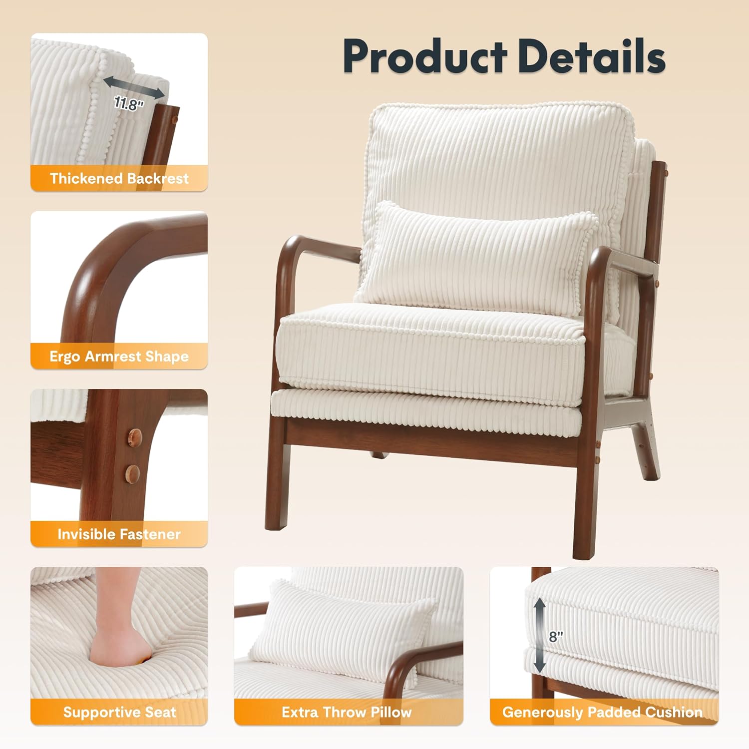 LEXISPOT AC1 Accent Chairs Set of 2, Upholstered Mid Century Modern Corduroy Armchairs with Solid Wood Frame, Comfy Lounge Reading Chairs Farmhouse Armchairs for Living Room, Bedroom, Balcony (Cream)