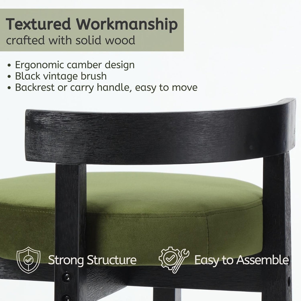 LukeAlon Mid Century Velvet Counter Stools Set of 6, Upholstered 26.5” Seat Height Barstools with Black Wood Legs Retro Modern Round Kitchen Stools with Footrest for Dining Room Bar Coffee Shop, Green