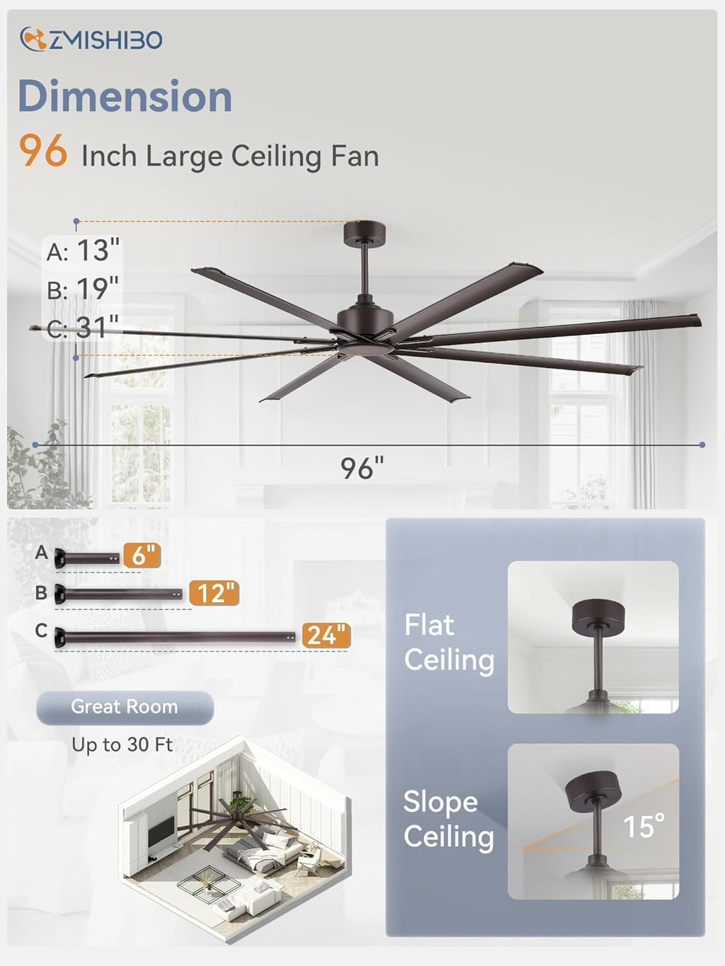 ZMISHIBO 96 Inch Ceiling Fans No Light, Large Industrial Ceiling Fan with 8 Aluminium Blades, Quiet DC Motor, 6 Speeds, Modern Ceiling Fan without Light for Garage/shop/living room,Oil-bronze