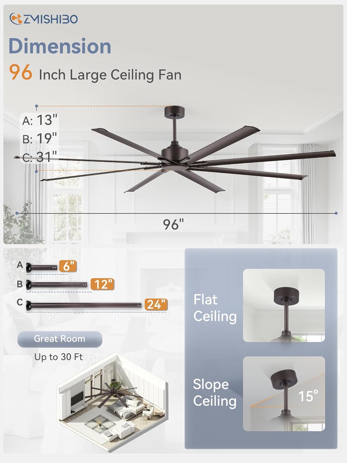 ZMISHIBO 96 Inch Ceiling Fans No Light, Large Industrial Ceiling Fan with 8 Aluminium Blades, Quiet DC Motor, 6 Speeds, Modern Ceiling Fan without Light for Garage/shop/living room,Oil-bronze