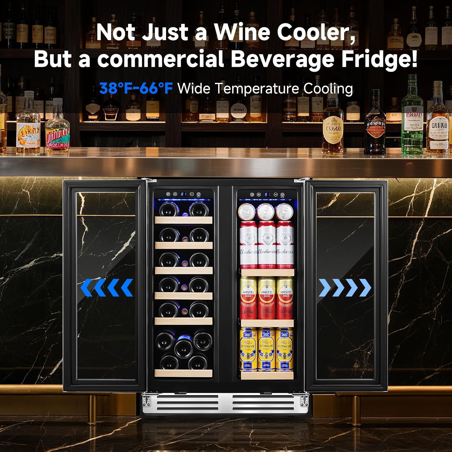 BODEGA COOLER Wine and Beverage Refrigerator, 24 Inch Dual Zone Wine Fridge, Holds 20 Bottles and 74 Count, French Doors, Under-counter or Freestanding Wine Cooler, Beverage Fridge with Tempered Glass