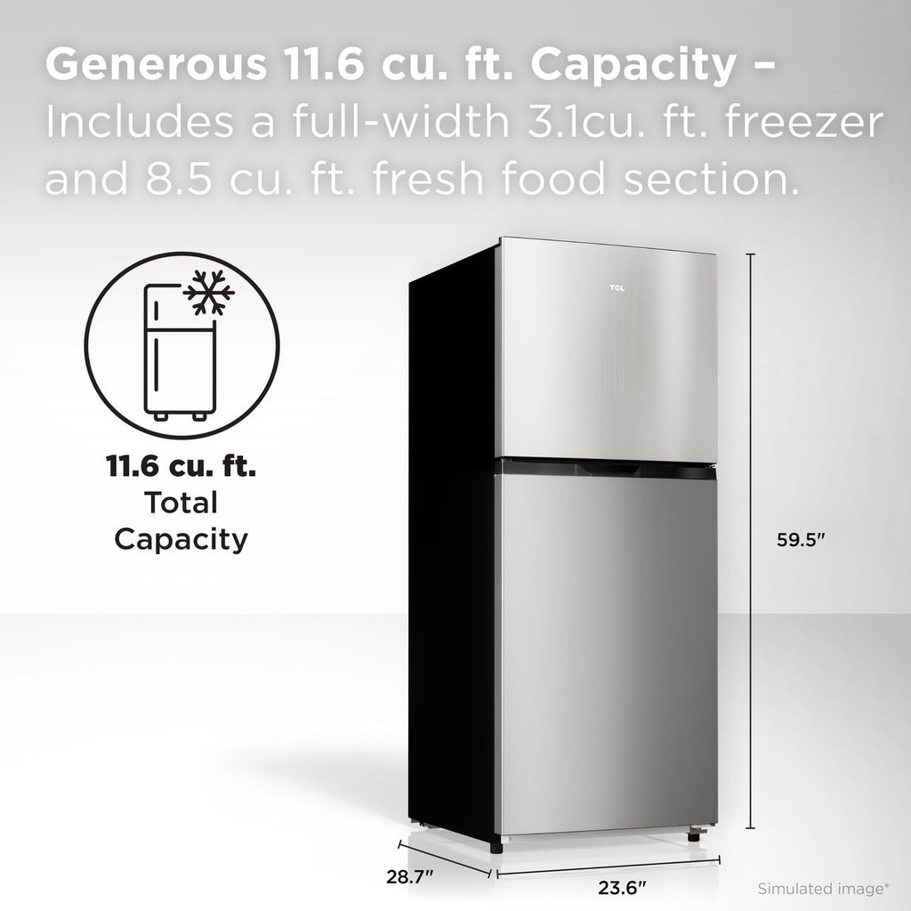 TCL 11.6 Cu Ft Counter-Depth Refrigerator with Freezer in Silver, Frost Free Energy Efficient Fridge for Dorm, Apartment, Kitchen, Garage & Office