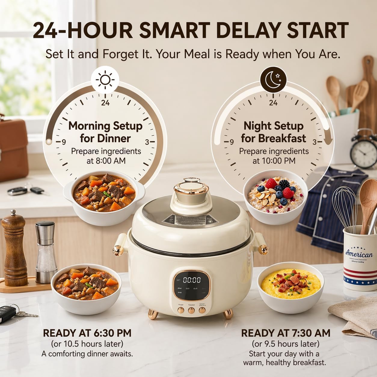 4.2Qt Electric Pressure Cooker & Smart Multi-Cooker, 10-in-1 Innovative 3-Compartment Rice Cooker, 1000W Hot Pot with 24H Timer, 70KPa Fast Cooking, Non-Stick Inner Pots, Heat Preservation, 110V, White
