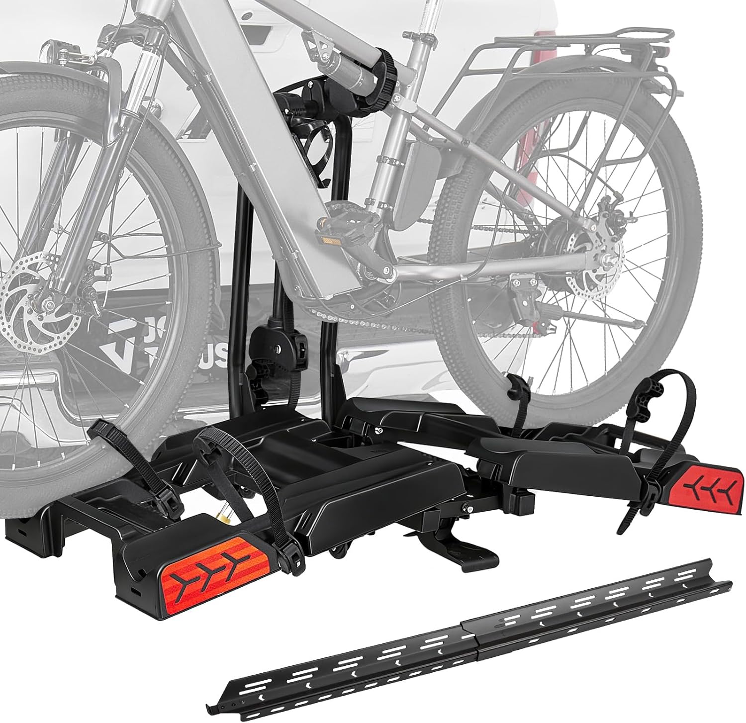 JOYTUTUS Hitch EBike Rack with Ramp for 2 E-Bikes, 200 LBS Capacity Electric Bike Rack for Cars SUVs Trucks, Easy Tilting Foldable Bike Carrier Platform Mount for 2" Receiver, Fits up to 5" Fat Tire