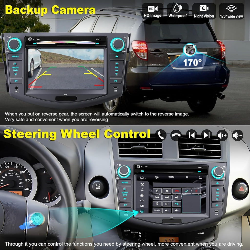 Car Radio for Toyota RAV4 2007 2008 2009 2010 2011 2012, 7-inch Touch Screen Stereo Support CD/DVD,CarPlay&Android Auto, Bluetooth5.2&Voice Control, Backup Camera& SWC,AM/FM Car Radio Receiver