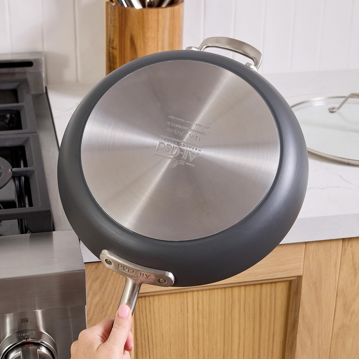 All-Clad HA1® Ceramic Nonstick, Frying Pan Set with Lid, 12 inch - Oven Safe up to 450° & Compatible with All Stovetops (Gas, Electric & Induction), Light Grey