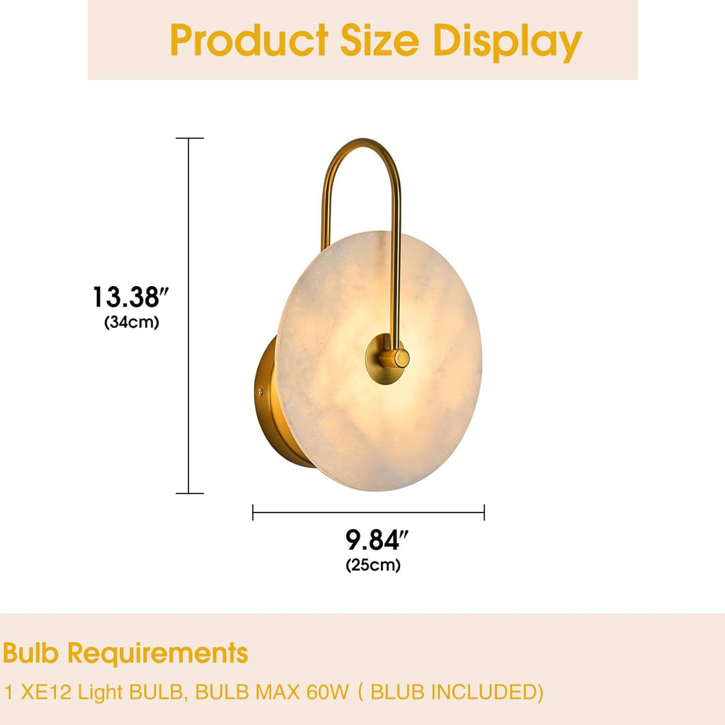 Round Alabaster Wall Sconce Set of Two, Natural Marble Lampshade Wall Sconce, Hardwired Circular Sconce LED Modern Wall Lamp for Bedroom, Stairs, Living Room, Bedside, Hallway