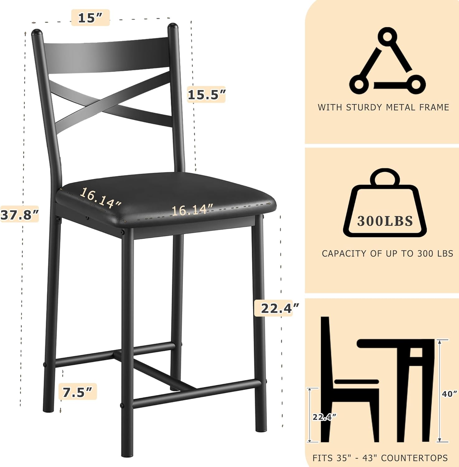 22" Bar Stools Set of 4, Counter Height Bar Stools with PU Upholstered Seat, Metal Frame Kitchen Bar Chairs with X-Design Back and Footrest for Kitchen Island, Counter Bar, Dining Room, Black