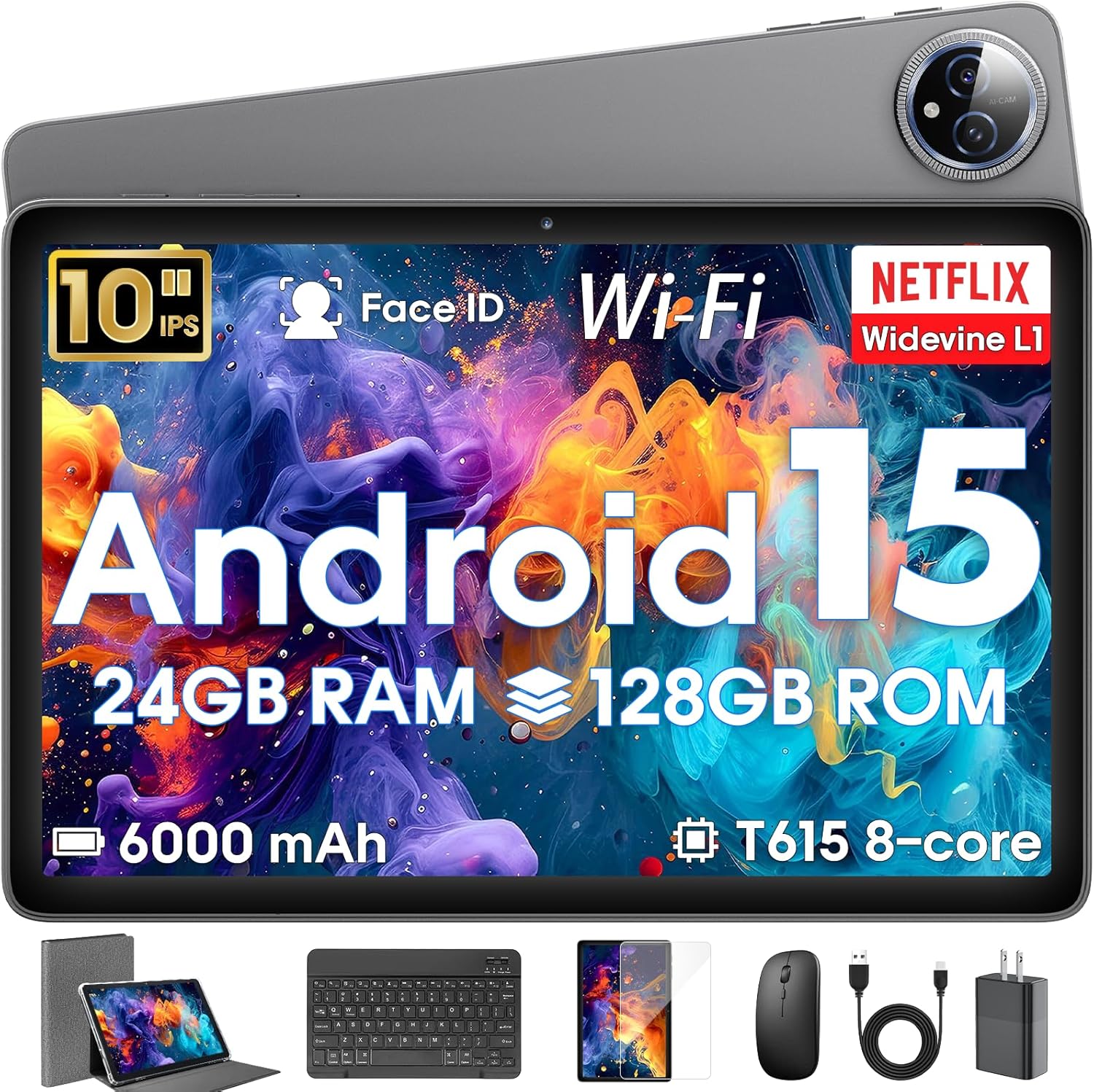 Android 15 Tablet 10 inch, 24GB RAM 128 ROM, Tablets with Keyboard Case Mouse Stylus, 1TB Expandable,Octa-Core 6000mAh 1280x800 IPS HD, WiFi, T615 CPU, High Performance, Processor, Dual Camera (Gray)