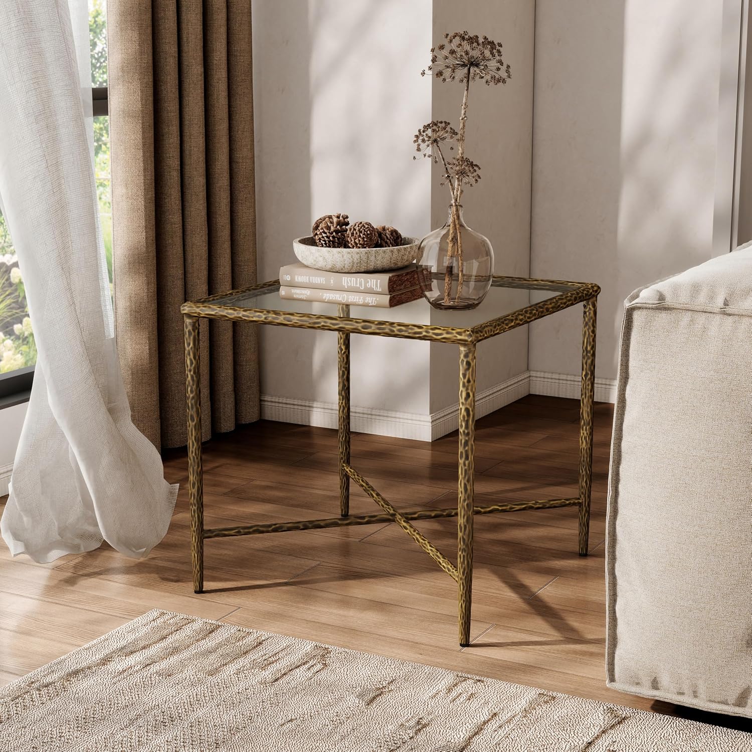 24/7 Shop at Home Lalia Modern Square End Table with X-Brace Metal Base, Tempered Glass Top, Hammered Steel Frame for Living Room, Matte Gold