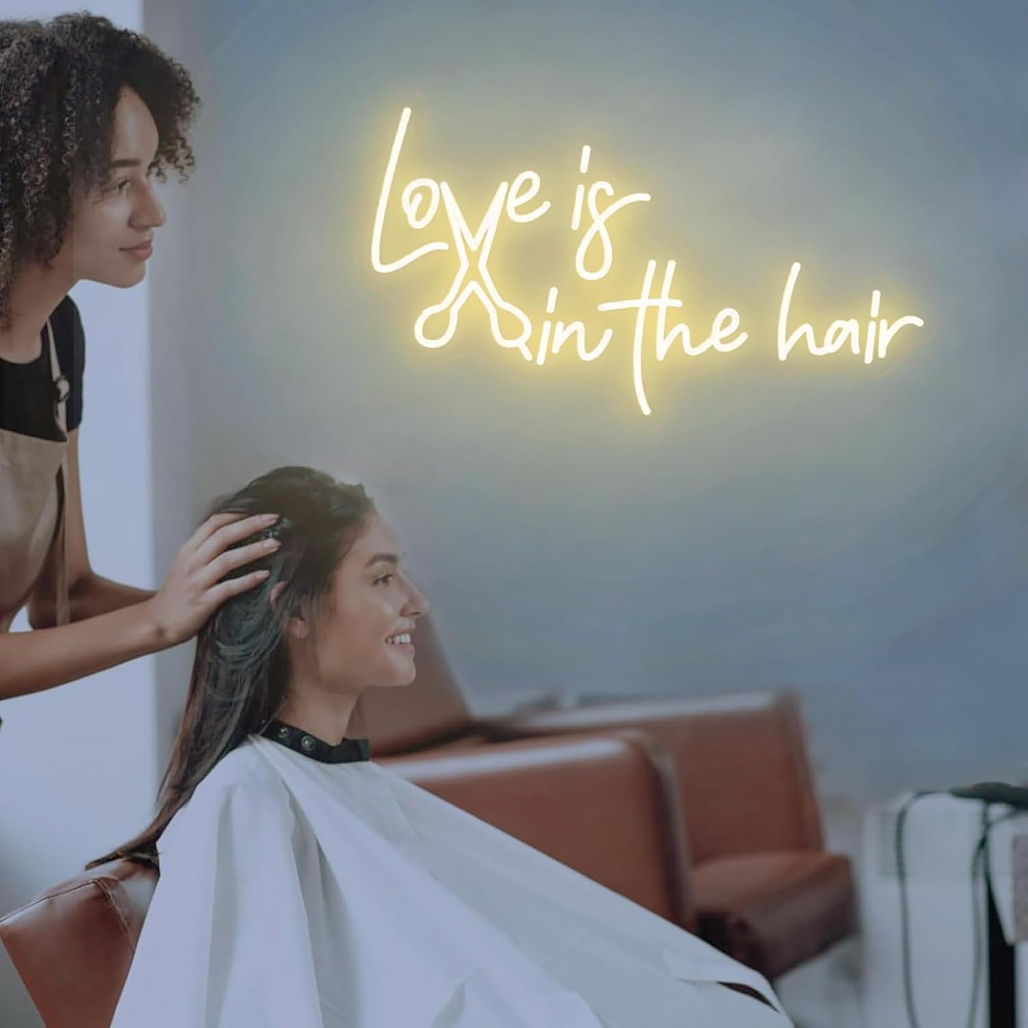 Love is in the Hair Neon Sign 23 inches LED Hair Salon Lights Up Neon Signs Business Wall Decor for Beauty Salon Barber Shop Hair Room