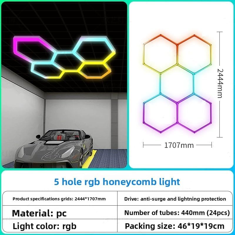 RGB LED Hexagon Garage Lighting Honeycomb Lamps 110-265V for Car Wash Repair Workshop Decor Ceiling Lighting LED Hexagon Lights for Gym Bar Gaming Room, Smart App,Remote Control