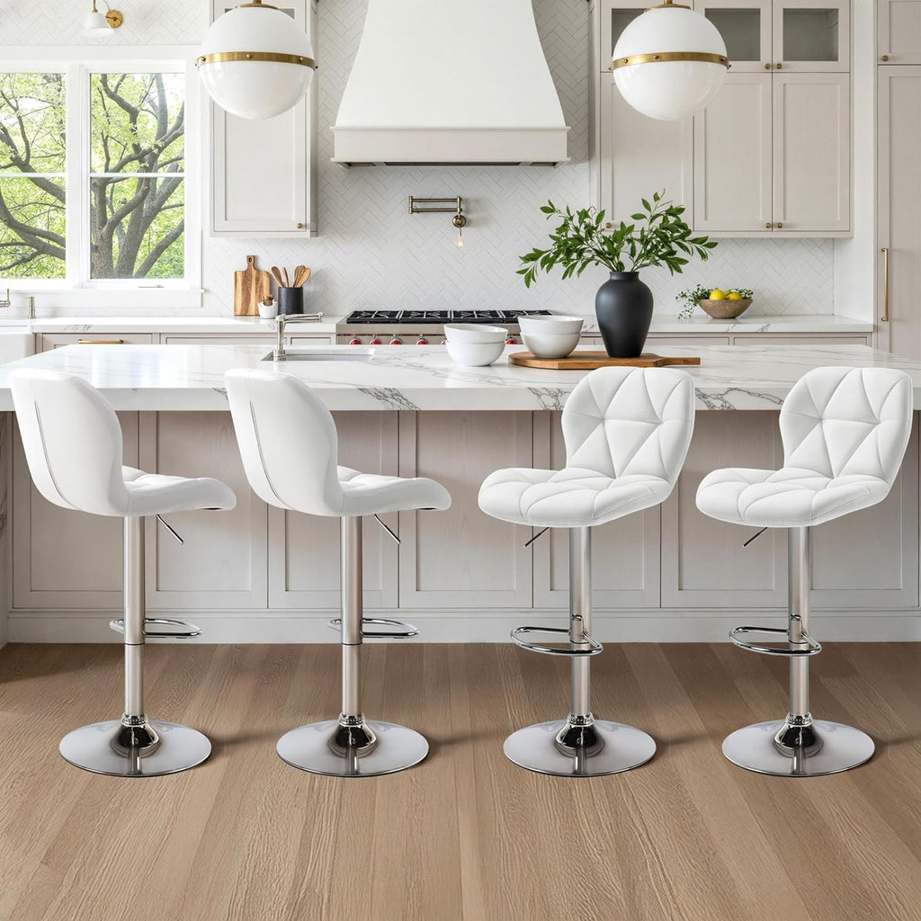 Yaheetech Bar Stools Set of 4, Modern Adjustable Kitchen Island Chairs with Back, 300 lbs Capacity PU Leather Swivel Counter Height Stools, White