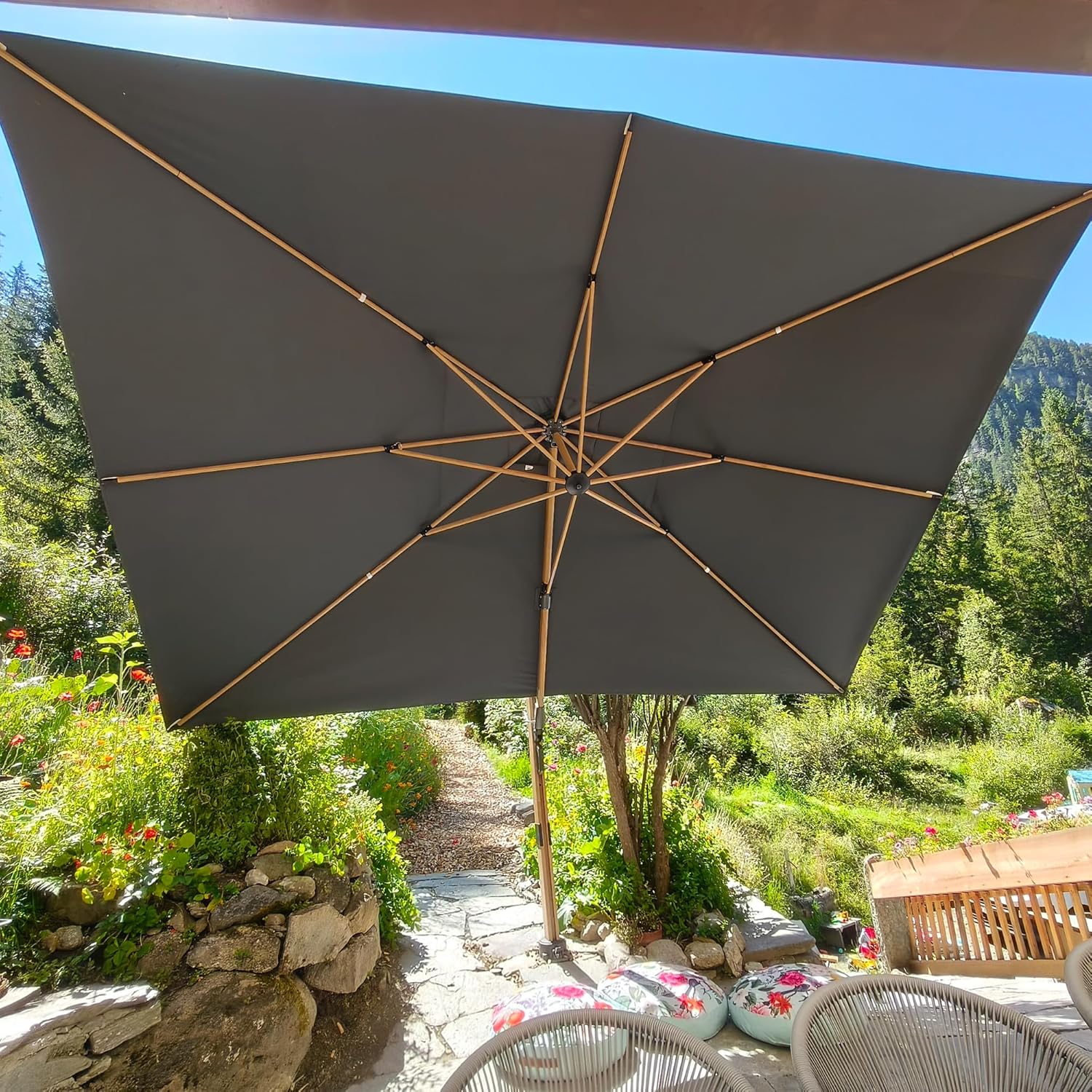 PURPLE LEAF 10' x 13' Rectangle Patio Cantilever Umbrella With Base Large Hanging Umbrella Teak Finished Aluminum Frame Windproof Offset Outdoor Sun Umbrellas for Beach Pool Deck, Grey