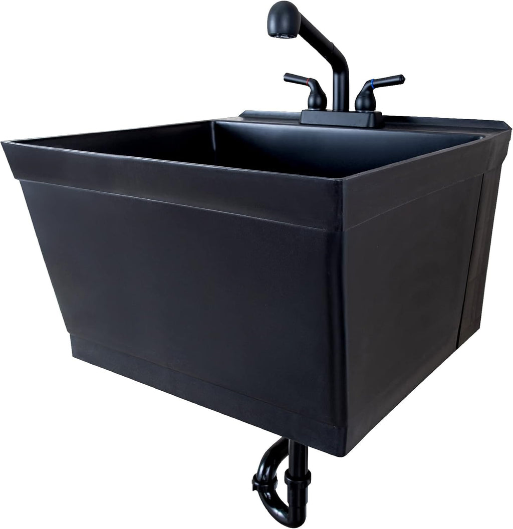 JS Jackson Supplies Tehila Black Wall-Mounted Utility Sink Tub Kit with Matte Black Finish Pullout Faucet, Wall-Mounted Utility Tub with Wall Bracket for Laundry Room, Garage, Workshop