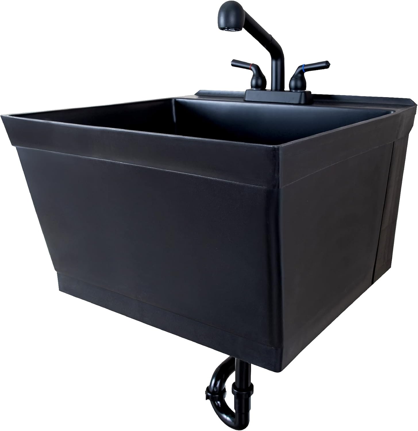 JS Jackson Supplies Tehila Black Wall-Mounted Utility Sink Tub Kit with Matte Black Finish Pullout Faucet, Wall-Mounted Utility Tub with Wall Bracket for Laundry Room, Garage, Workshop