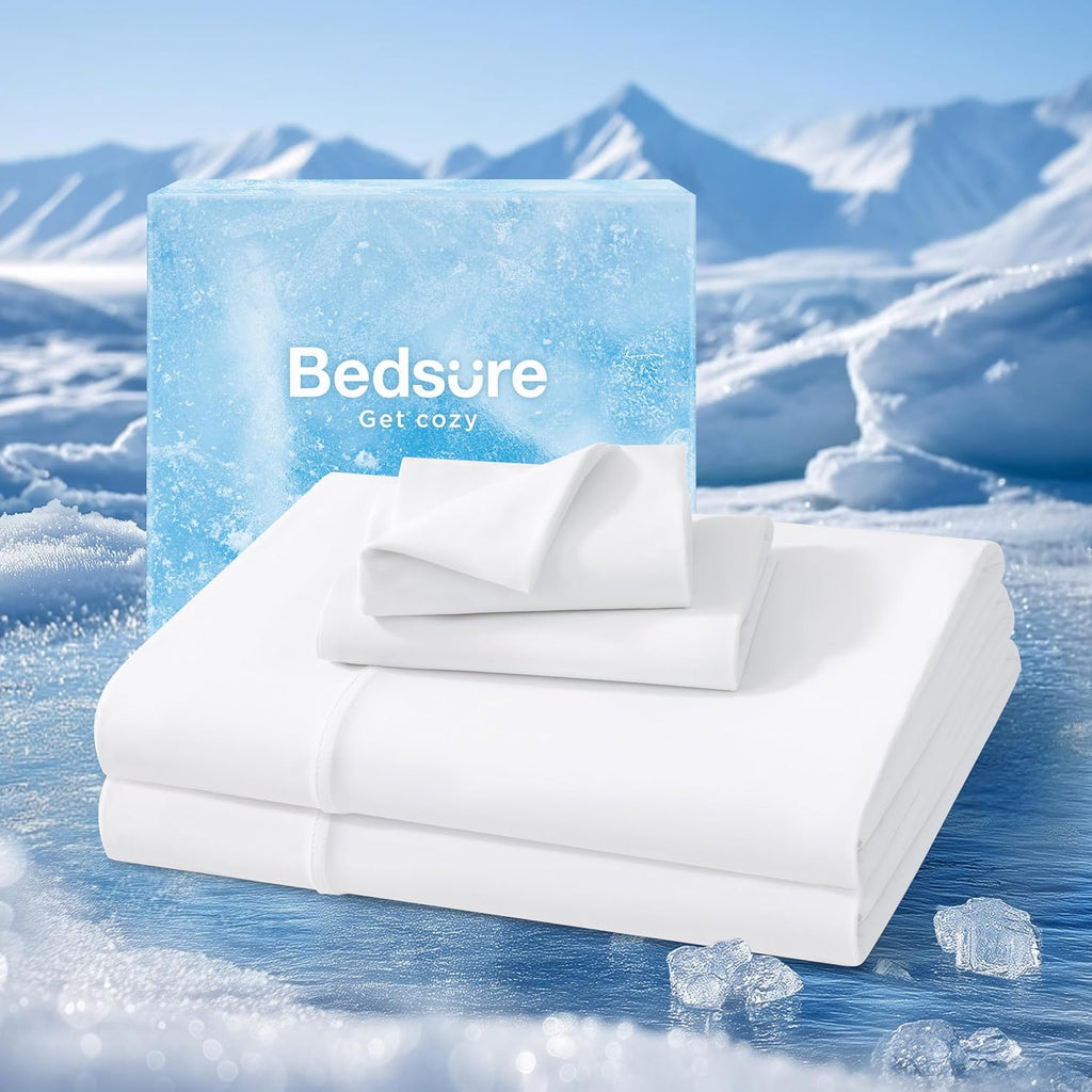Bedsure Cooling Sheets Queen Size, Cooling Bed Sheets for Hot Sleepers, Chill Cool Sheet, Deep Pocket Up to 18 Inches, Soft & Breathable Queen Sheet Set, 4 Pieces, White