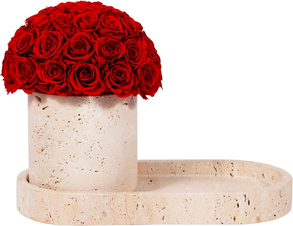 JoyFlower Preserved Flowers Vase, Yellow Travertine Flower Vases & Travertine Tray, Eternal Flower Decorations for Table Party Home Living Room Bedroom Coffee Shop, Decorative Flower Vase Decor(Red)
