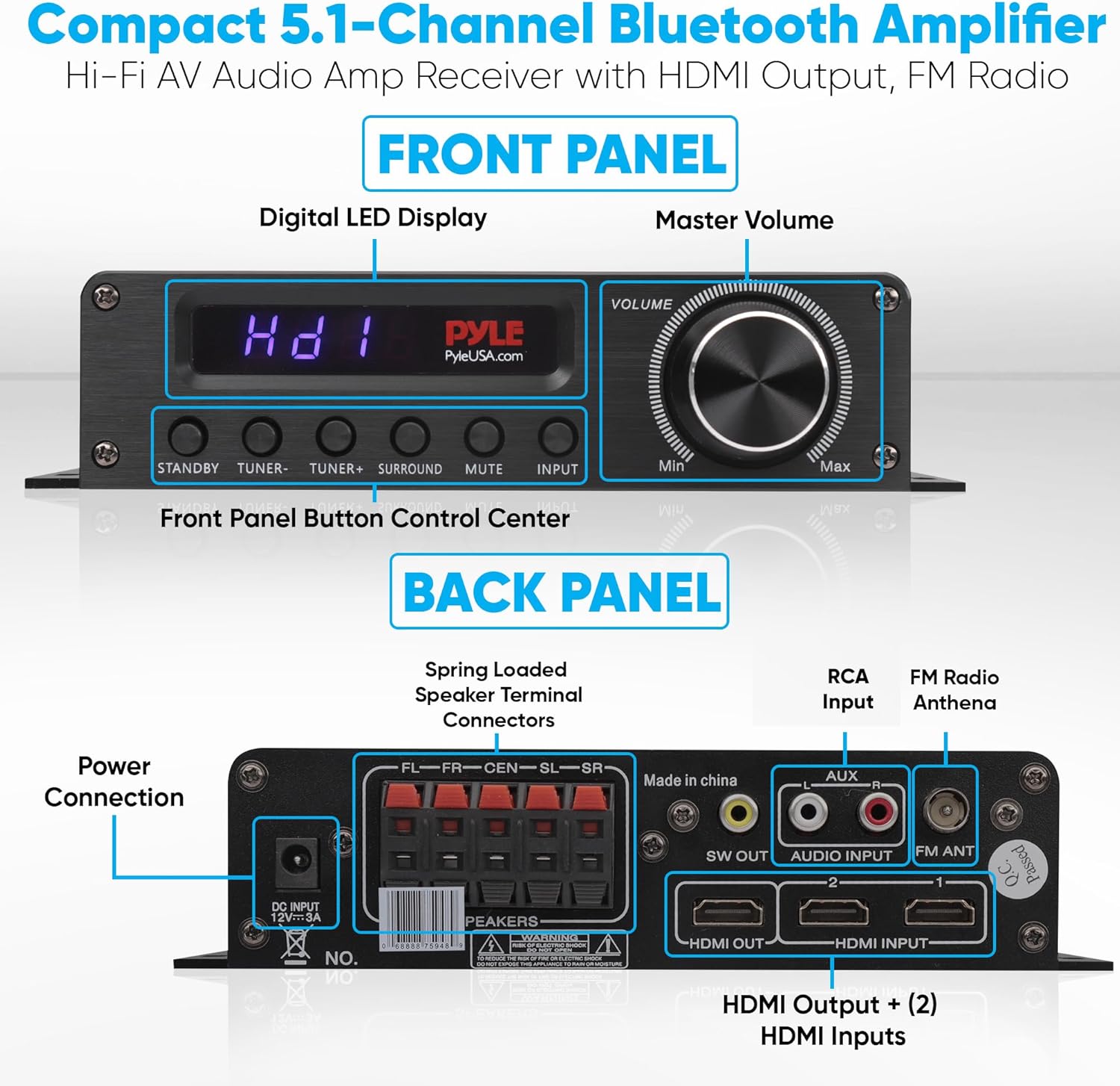 Pyle Wireless Bluetooth Home Audio Amplifier - 100W 5.1 Channel Home Theater Receiver, Surround Sound w/ HI Def In and Out, RCA In, Subwoofer Out, LED Control Center, 12V Adapter - PFA560BT